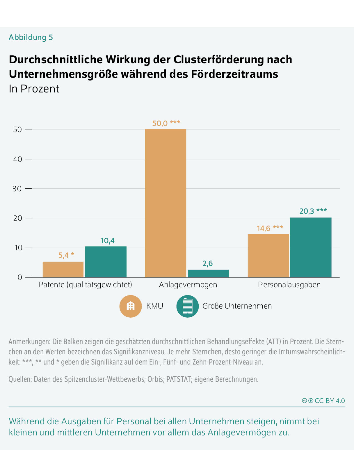Durchschnittliche Wirkung der Clusterförderung nach Unternehmensgröße während des Förderzeitraums
In Prozent
Während die Ausgaben für Personal bei allen Unternehmen steigen, nimmt bei ­kleinen und mittleren Unternehmen vor allem das Anlagevermögen zu.