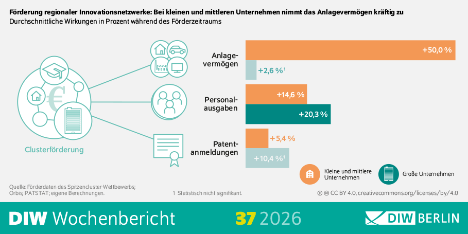 Die Infografik des DIW Wochenberichts 37/2026 veranschaulicht die durchschnittlichen Wirkungen der Förderung regionaler Innovationsnetzwerke auf Unternehmen während des Förderzeitraums. Dargestellt werden die Auswirkungen der Clusterförderung auf große Unternehmen sowie auf kleine und mittlere Unternehmen in den Bereichen Anlagevermögen, Patentanmeldungen und Personalausgaben. Für kleine und mittlere Unternehmen wird ein Anstieg des Anlagevermögens um 20,3 Prozent ausgewiesen, während große Unternehmen einen Zuwachs von 14,6 Prozent verzeichnen. Bei den Patentanmeldungen steigt der Wert für kleine und mittlere Unternehmen um 50,0 Prozent, für große Unternehmen um 2,6 Prozent; dieser Wert ist als statistisch nicht signifikant gekennzeichnet. Die Personalausgaben nehmen bei kleinen und mittleren Unternehmen um 10,4 Prozent und bei großen Unternehmen um 5,4 Prozent zu. Die Überschrift hebt hervor, dass insbesondere bei kleinen und mittleren Unternehmen das Anlagevermögen durch die Förderung regionaler Innovationsnetzwerke deutlich wächst. Als Quelle werden Förderdaten des Spitzencluster-Wettbewerbs, die Datenbanken Orbis und PATSTAT sowie eigene Berechnungen genannt.