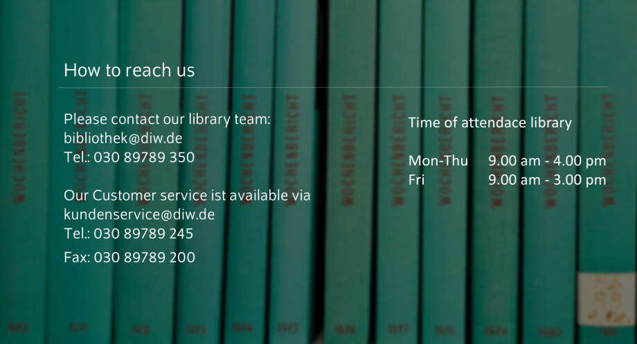The image shows a blurred background of several upright turquoise book spines placed closely together. Each book spine has the same vertical title printed in red letters. A semi‑transparent dark overlay lies across the center of the image, and white text is placed on top of this overlay.<br />
At the top left, the heading reads:<br />
“How to reach us”<br />
Below it, the following contact details for the library are listed:<br />
Please contact our library team:<br />
bibliothek@diw.de<br />
Tel.: 030 89789 350<br />
Further down, customer service contact details are shown:<br />
Our Customer service is available via<br />
kundenservice@diw.de<br />
Tel.: 030 89789 245<br />
Fax: 030 89789 200<br />
On the right side of the image, the library’s time of attendance is displayed:<br />
Mon–Thu: 9.00 am – 4.00 pm<br />
Fri: 9.00 am – 3.00 pm<br />
The white text contrasts clearly with the darker overlay and the blurred turquoise books in the background, ensuring good readability.