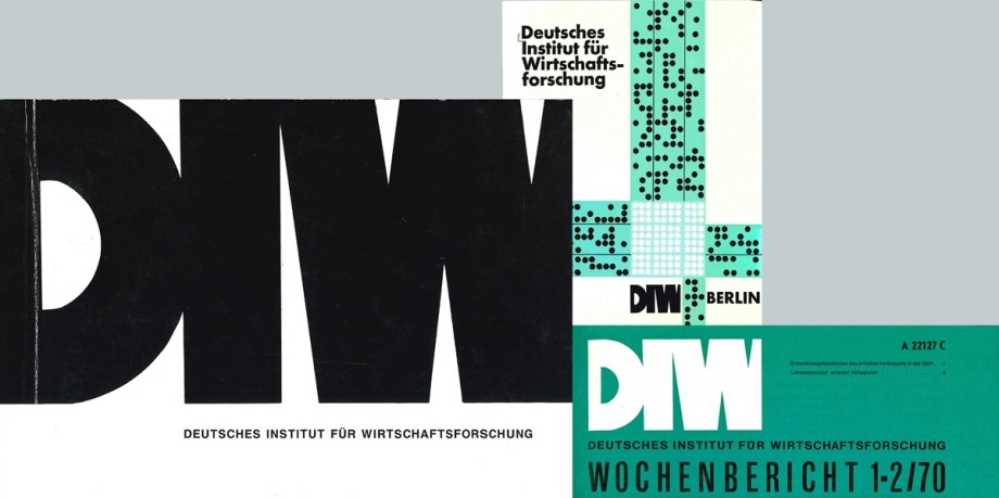 Das Bild zeigt das große schwarze Kürzel „DIW“ sowie den vollständigen Namen „Deutsches Institut für Wirtschaftsforschung“. Rechts sind ein Muster aus türkisfarbenen Lochkartenpunkten und zwei Kästen mit dem Namen, dem Kürzel und einer Ausgabeüberschrift („Wochenbericht 1-2/70“) abgebildet. Die Gestaltung ist klar und technisch, mit Schwarz, Weiß und Türkis als Hauptfarben.