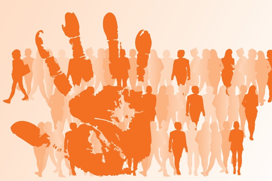 Jede vierte Frau erlebt in Deutschland mindestens ein Mal im Leben körperliche oder sexualisierte Gewalt durch ihren Partner oder Expartner.; Das Bild zeigt eine grafische Darstellung in warmen Orangetönen. Im Vordergrund ist ein großer, kräftiger Handabdruck in leuchtendem Orange zu sehen, der sich über die gesamte Mitte des Bildes erstreckt. Hinter dem Handabdruck sind zahlreiche Silhouetten von Frauen angeordnet, die in verschiedenen Größen und leicht unterschiedlichen Orangeschattierungen dargestellt sind. Die Figuren stehen dicht nebeneinander und wirken wie eine Menschenmenge, die sich über die gesamte Breite des Bildes erstreckt. Ungefähr jede vierte Frauenfigur ist dunkelorange gestaltet.