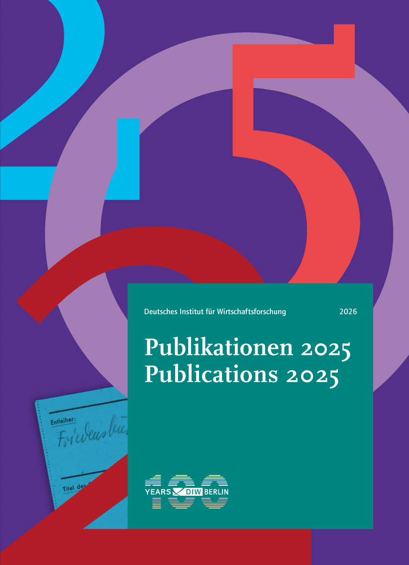 Das Bild zeigt das Cover einer Publikation des Deutschen Instituts für Wirtschaftsforschung (DIW Berlin) für DIW-Publikationen aus dem Jahr 2025. Der Hintergrund ist dynamisch und farbenfroh gestaltet, mit großen, überlappenden Ziffern "2025" in verschiedenen Farben wie Blau, Gelb und Lila.<br />
Titel: In der Mitte des Bildes befindet sich ein grünes Quadrat, in dem der Text "DIW-Publikationen 2025 DIW Publications 2025" in weißer Schrift steht.<br />
Der Text ist klar und gut lesbar, mit "Referierte Aufsätze" in größerer Schrift und "Refereed Journal Articles" darunter in etwas kleinerer Schrift.<br />
Institutsname: Über dem Titel steht in kleinerer weißer Schrift "Deutsches Institut für Wirtschaftsforschung".<br />
Rechts neben dem Institutsnamen ist das Jahr "2025" angegeben.<br />
Logo: Am unteren Rand des grünen Quadrats befindet sich das Logo des DIW Berlin in weißer Schrift auf grünem Hintergrund.<br />
Das Design ist modern und auffällig, wobei die großen, farbigen Ziffern im Hintergrund eine lebendige und energetische Atmosphäre schaffen. Die Verwendung von Kontrastfarben sorgt für eine gute Lesbarkeit des Textes.