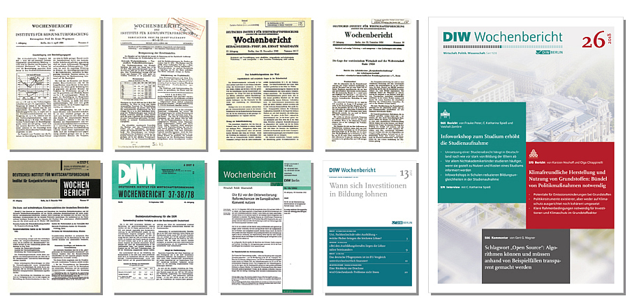 Der DIW-Wochenbericht im Wandel der Zeit.; Das Bild zeigt eine historische Übersicht der Titelseiten des „DIW Wochenberichts“ (herausgegeben vom Deutschen Institut für Wirtschaftsforschung) im Wandel der Zeit. Es sind elf Ausgaben nebeneinander in zwei Reihen dargestellt – zehn kleinere, ältere Ausgaben und eine größere, moderne Ausgabe auf der rechten Seite.<br />
<br />
In der oberen Reihe befinden sich fünf alte Ausgaben aus verschiedenen Jahrzehnten, die durch vergilbtes Papier, Schreibmaschinentext und einfache Schwarz-Weiß-Gestaltung geprägt sind. Einige tragen Stempel oder handschriftliche Markierungen.<br />
<br />
In der unteren Reihe sieht man fünf Ausgaben neueren Datums mit modernerem Layout, farbigen Gestaltungselementen und klarerer Struktur.<br />
<br />
Ganz rechts nimmt eine aktuelle, deutlich größere und grafisch anspruchsvoll gestaltete Ausgabe fast ein Drittel des Bildes ein. Diese moderne Version ist farbig (vor allem in Weiß, Türkis, Rot und Grau), nutzt strukturierte Textblöcke und zeigt im Hintergrund eine transparente Luftaufnahme von Gebäuden in Berlin. Oben steht der Titel „DIW Wochenbericht“ mit der Ausgabe 26 aus dem Jahr 2018.